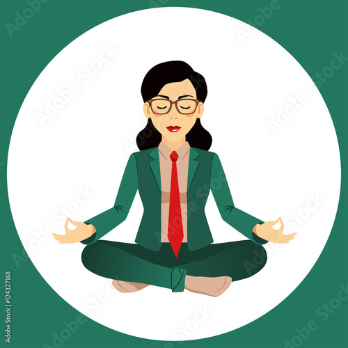 Flat vector icon of black-haired woman doing office yoga. Calm and relax in the middle of a work day. Businesswoman meditating in lotus pose.