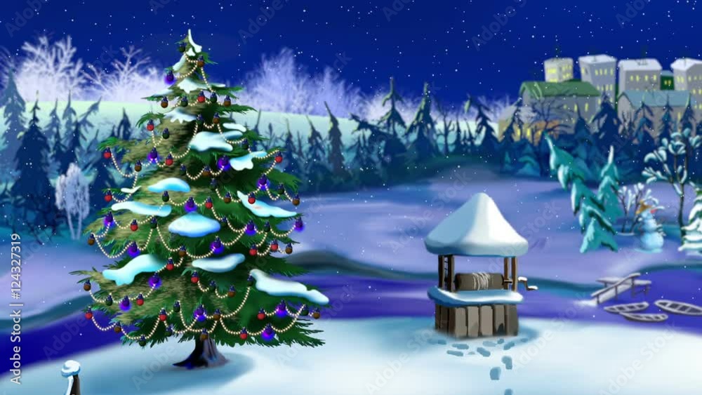 Vidéo Stock Christmas Tree Lights Flashing with Falling Snow. Outdoor