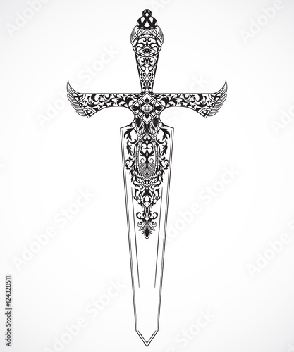 Medieval sword with ornament. Vintage hand drawn vector illustration