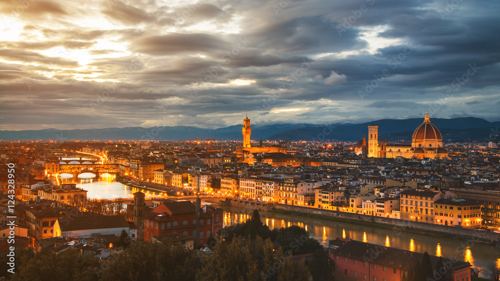 Aerial panoramic view of illuminated Florence, Italy