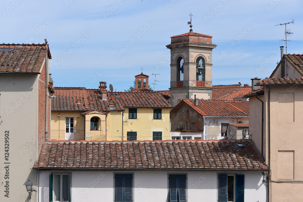 Obraz premium Town of Lucca, a medieval city and comune in Tuscany, Central Italy, on the Serchio, in a fertile plain near the Tyrrhenian Sea