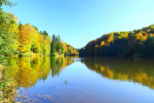 Fall landscape on the lake with beautiful colors of forest