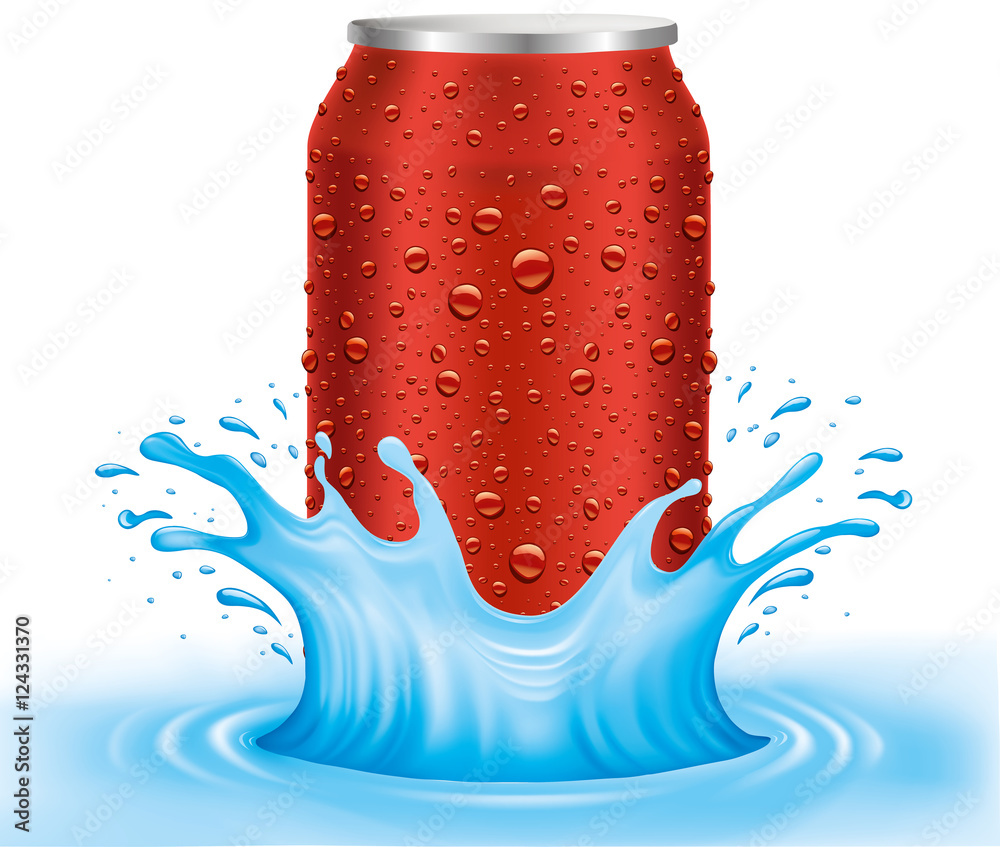 Fototapeta premium red tin, can with water drops standing in water