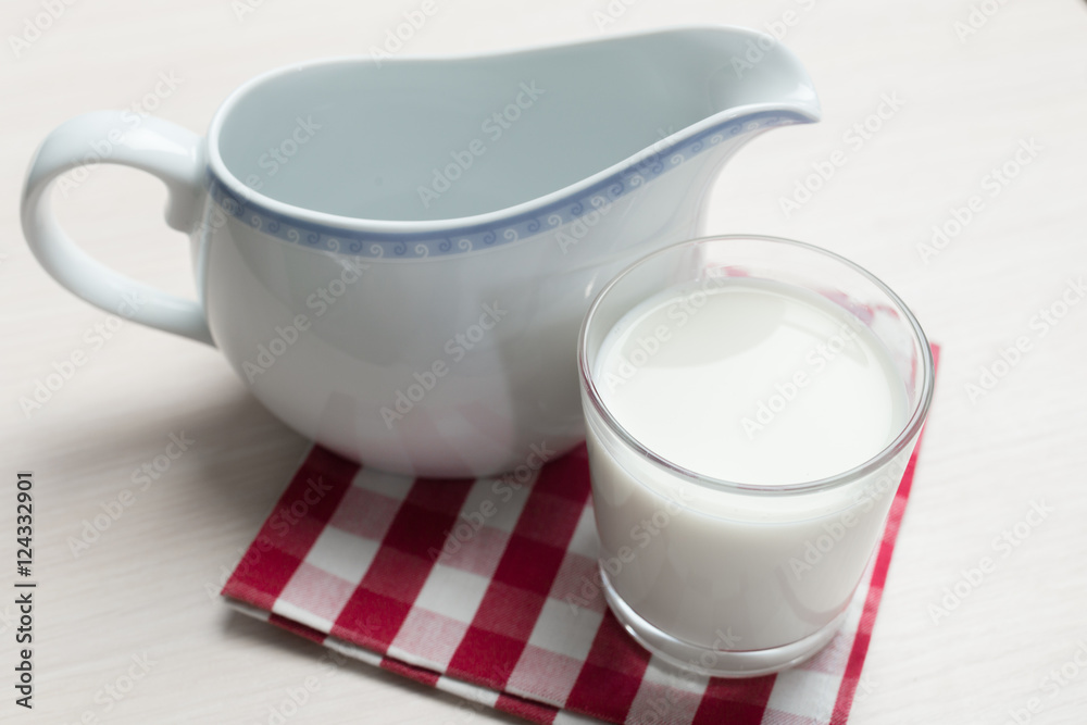 Glass of milk on table on blurred natural background Glass of milk on table on blurred natural background