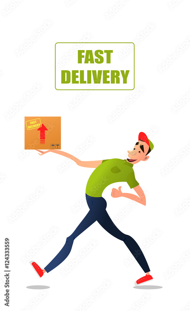 Fototapeta premium Fast free delivery. Courier runs with box on the order.Cheerful man courier.Colorful characters in a flat style