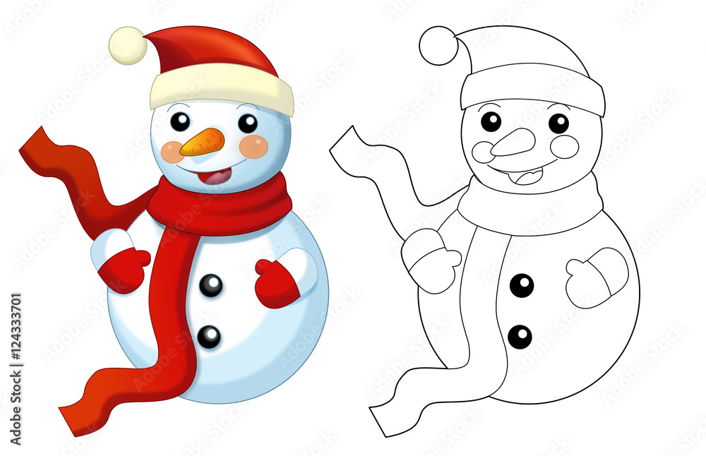 Happy cartoon snowmen - smiling and watching - isolated - with coloring page - illustration for children Happy cartoon snowmen - smiling and watching - isolated - with coloring page - illustration for children