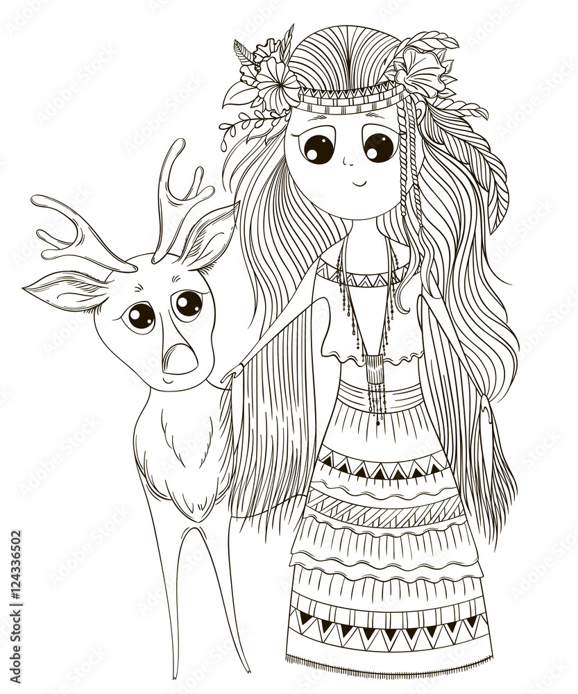 Fototapeta premium Cute anime girl in ethnic clothes with deer. Cartoon character. Vector illustration
