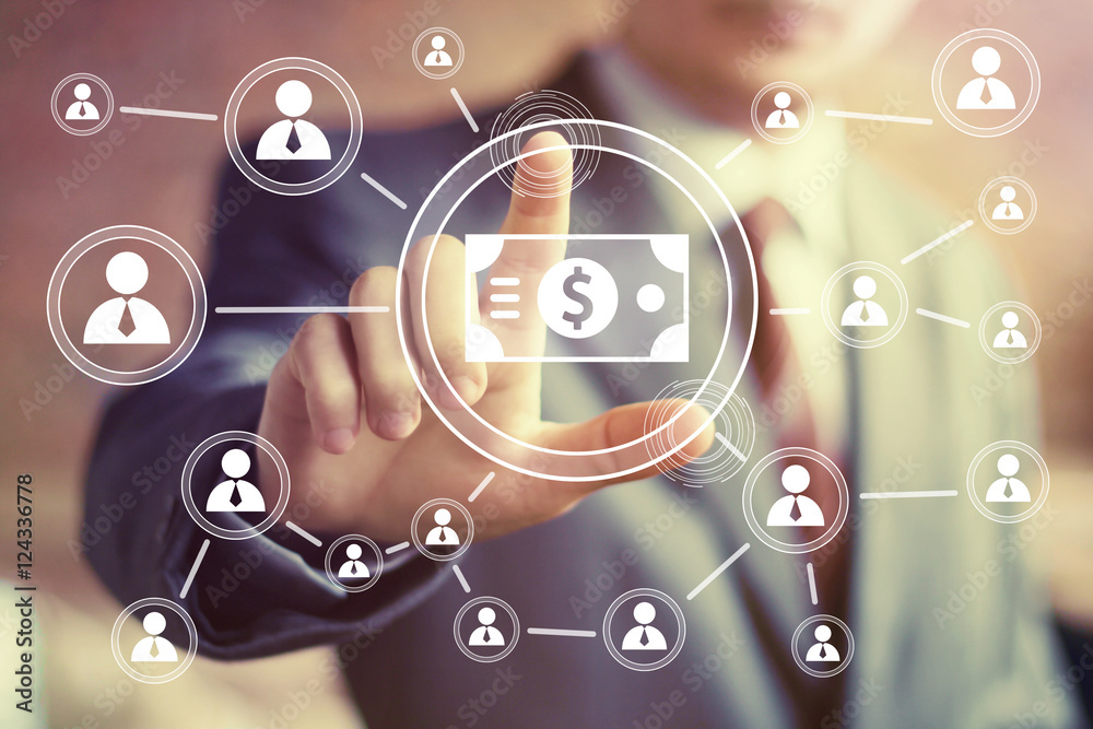 Businessman pushing button dollar online network Businessman pushing button dollar online network