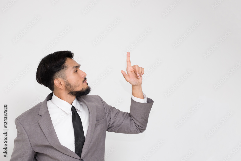 businessman index finger pointed up on white background businessman index finger pointed up on white background