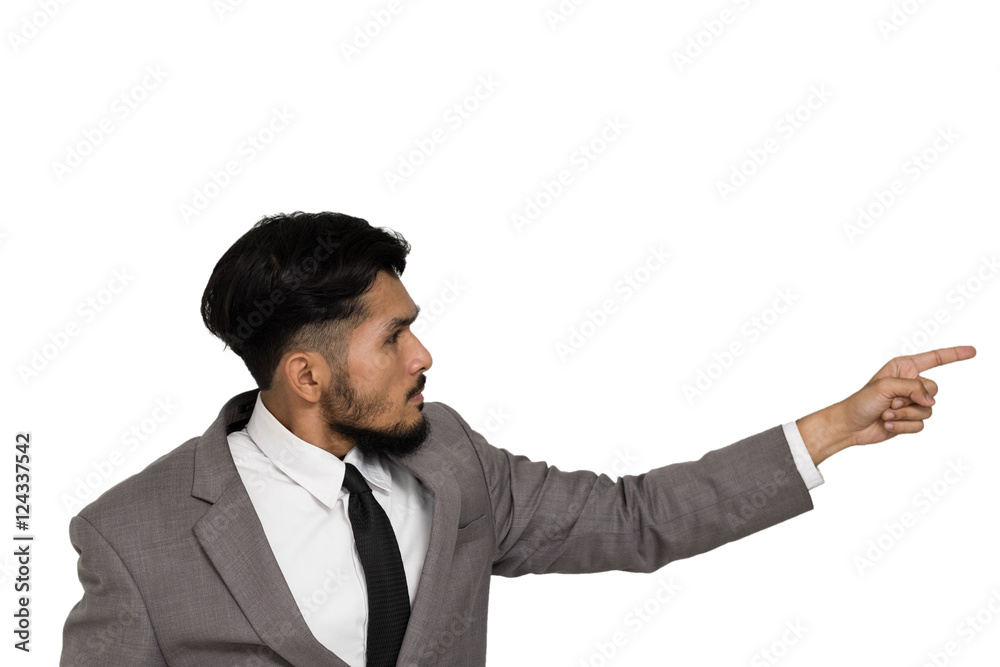 Businessman standing pointing gesture. Businessman standing pointing gesture.