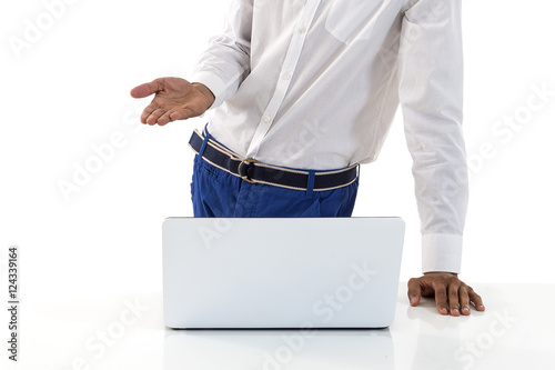 Business man discussing satanding in front of computer photo