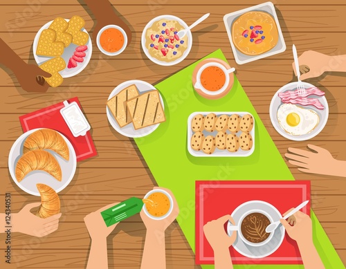 People Eating Different Breakfast Meals Together View From Above