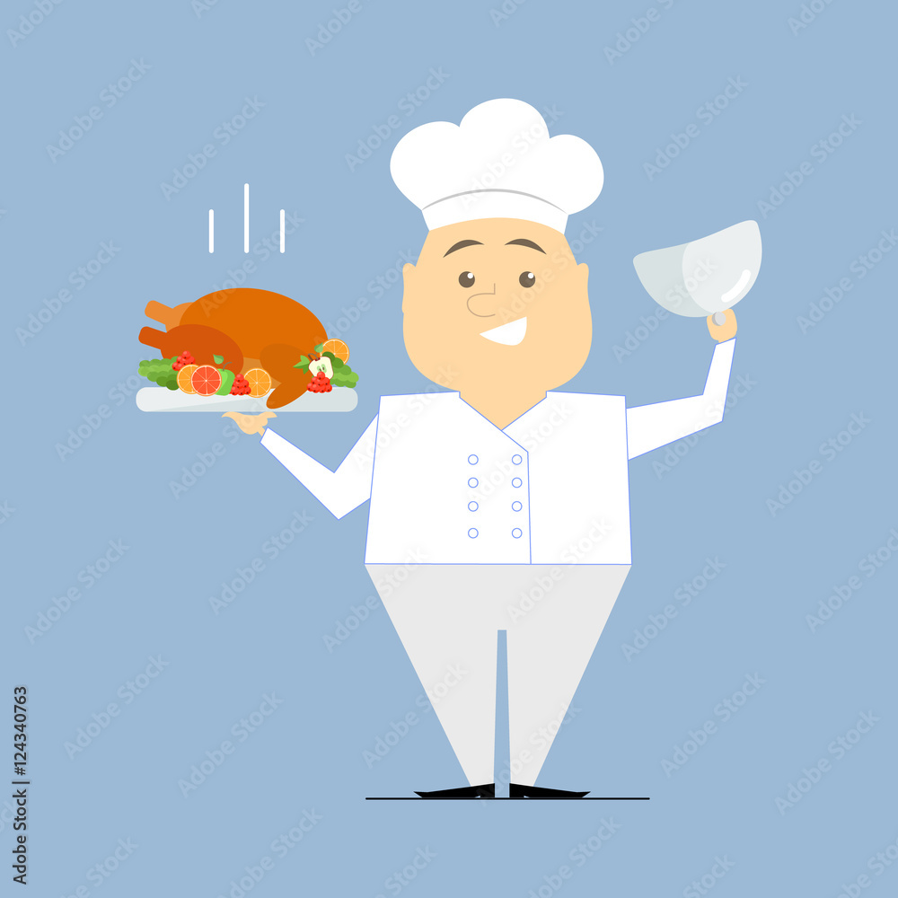 Chef with a dish in her hands. Roasted turkey. Vector flat Chef with a dish in her hands. Roasted turkey. Vector flat