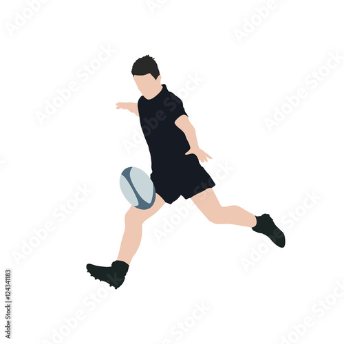 Rugby player kick ball, vector illustration. Running man with ba