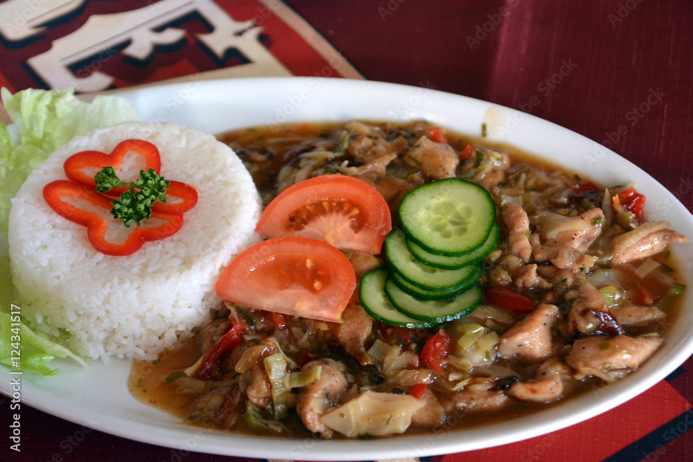 Chicken meat with savory sauce and curry and rice on a plate