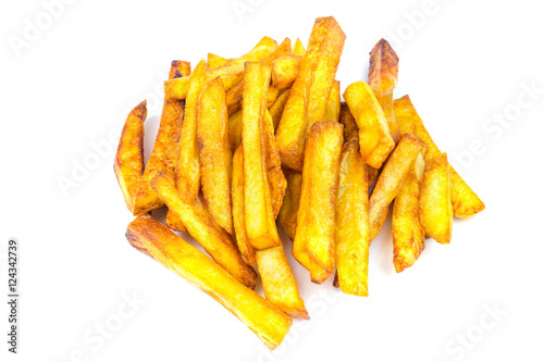 Homemade fast food portion of french fries isolated on white background.