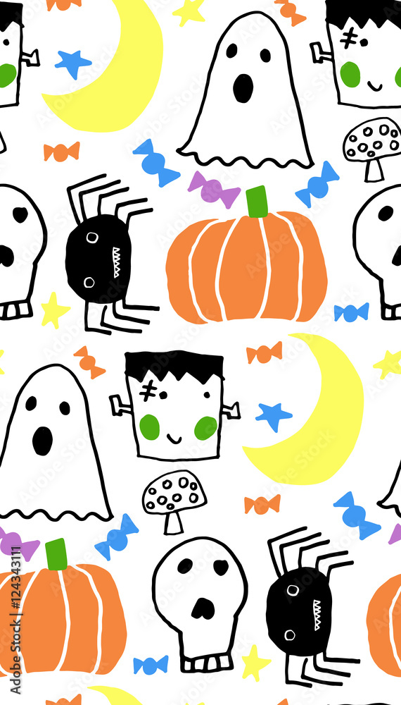 Fototapeta premium Halloween seamless funny patter with orange halloween pumpkins and skull carved faces silhouettes. Can be used for scrapbook digital paper, textile print, page fill. Cartoon style.
