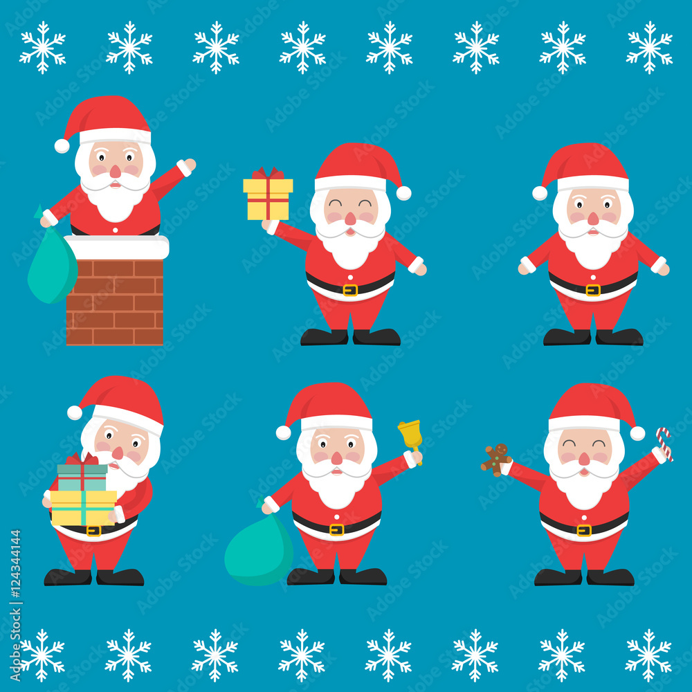 Merry Christmas. Set of Santa Claus with gifts and christmas items