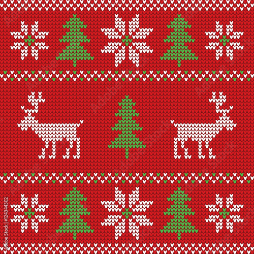 Red knitted Christmas sweater with deer and signs seamless pattern.