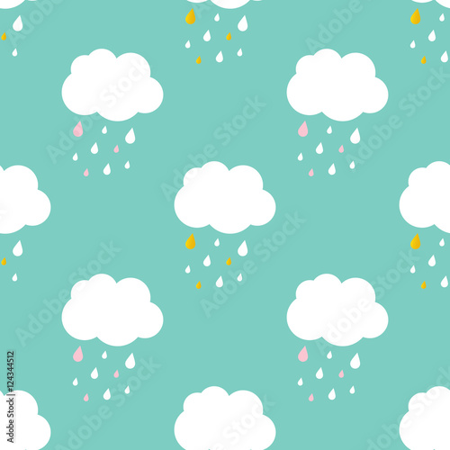 Flat design cute sky with rainy clouds seamless pattern background.
