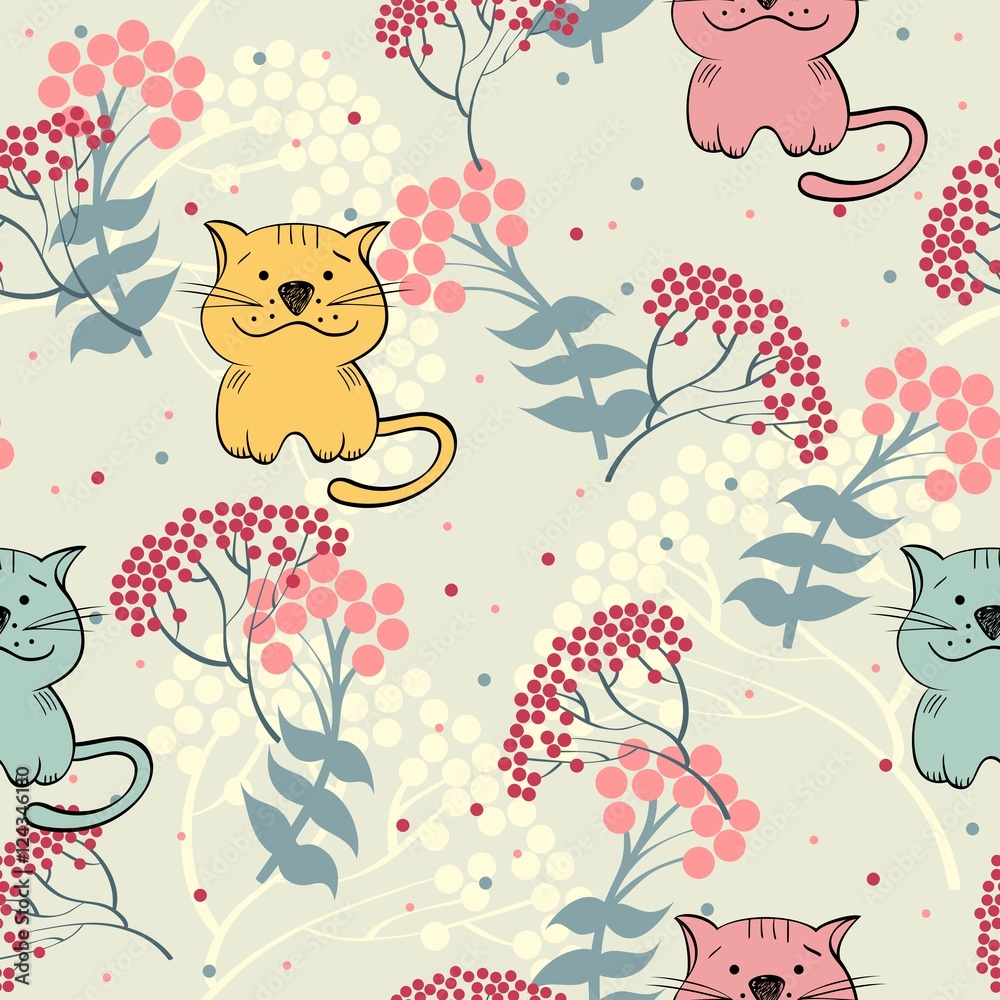 babies hand drawn seamless pattern with cats