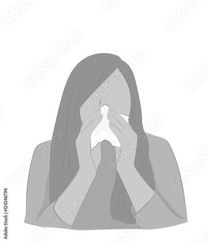 silhouette of a girl with a runny nose. Cover your nose with a handkerchief. cold. vector illustration.