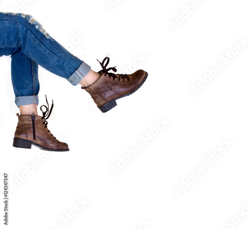 Photography Women wearing jeans Wearing a brown legs dangling A hanging leg White background