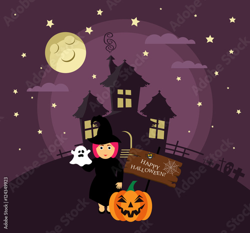 Poster, banner or background for Halloween Party night with haunted house. Witch,pumpkin, moon and stars.