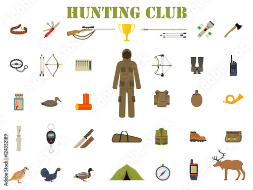 Hunting equipment kit with rifle, knife, suit, shotgun, boots, decoy, patronage and matches etc Vector illustration