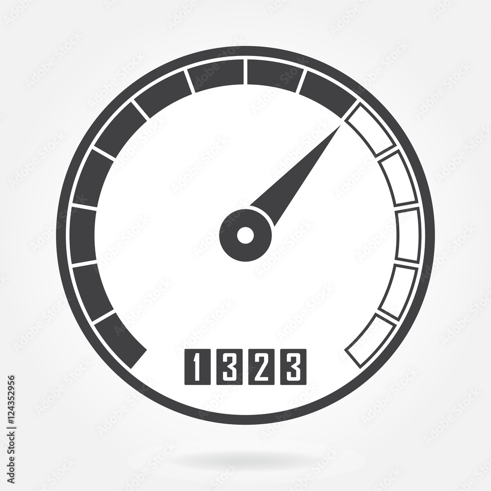 Speedometer icon or sign with arrow. Infographic gauge element. Vector symbol. Black tachometer isolated on white background. Speedometer icon or sign with arrow. Infographic gauge element. Vector symbol. Black tachometer isolated on white background.