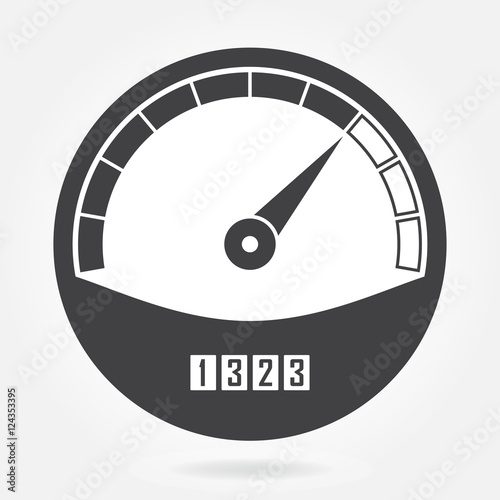 Speedometer icon or sign with arrow. Infographic gauge element. Vector symbol. Black tachometer isolated on white background. 