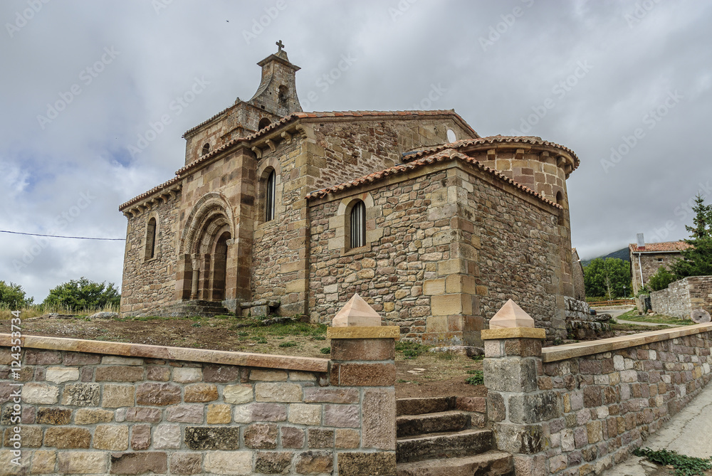 sight of the Romanesque church of St Martin Bishop in the Salcedillo town in Palencia, Castile and León, Spain