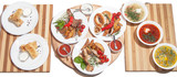 Set of dishes: pancakes with meat, three soup, grilled kebabs, k
