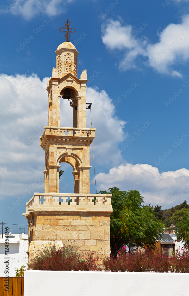 Bell tower in the church of the Assumption of the Virgin Mary. Asklipion. Rhodes. Greece
