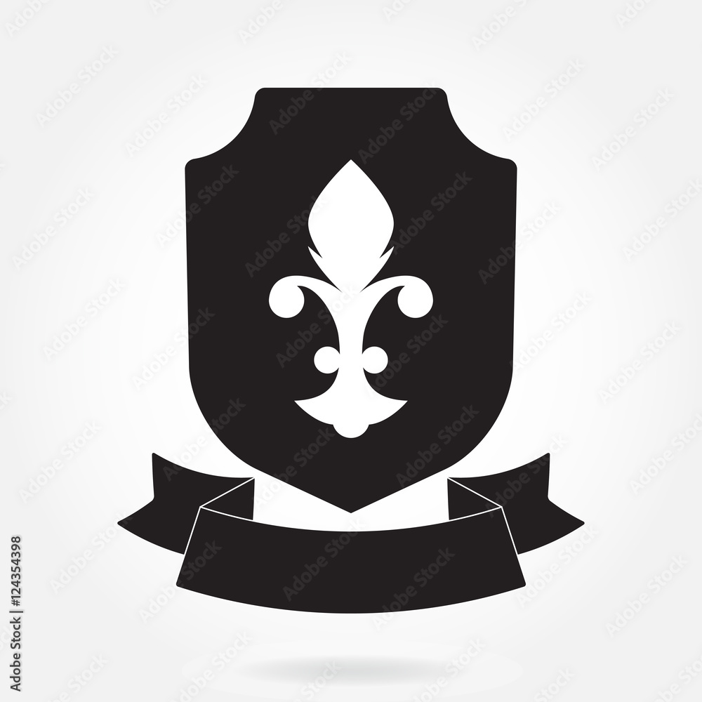 Shield and stylish ribbon isolated on white background. Black shield ...