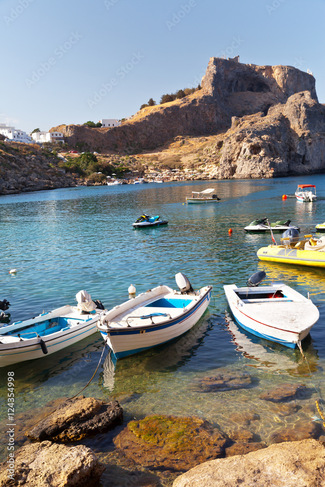 Greece. Rhodes. View from the Saint Pauls Bay to the ancient Acropolis of Lindos