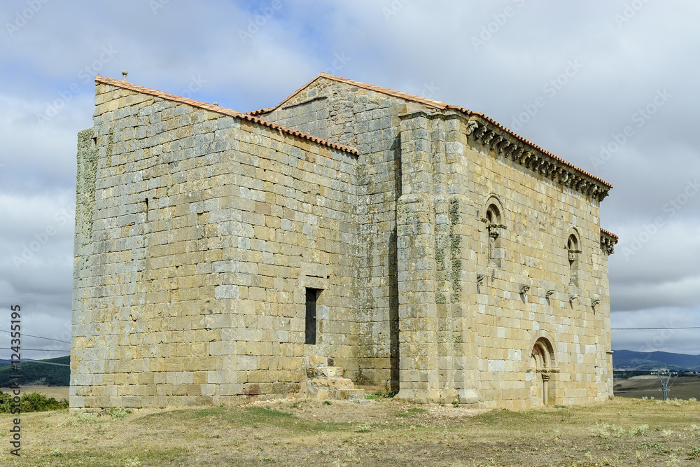 sight of the Romanesque church of san Martin Obispo in the Matalbaniega town in Palencia, castile and leon, Spain
