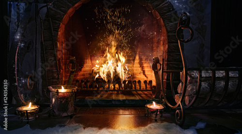 Tela Magic Christmas fireplace. Magical background.