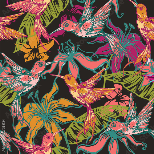 Hand drawn tropical background with colibri and flowers.