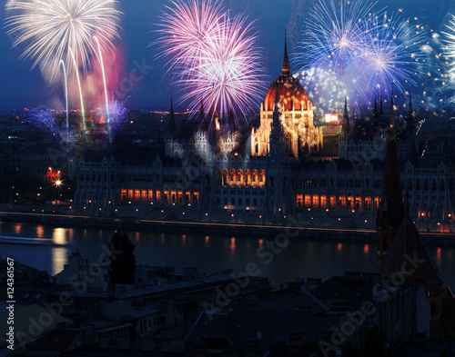 new Year in the city - Budapest Parliament with fireworks