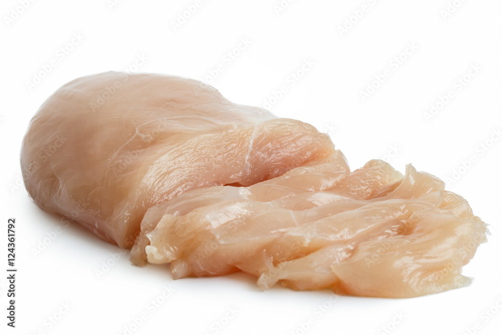 Half cut skinned deboned raw chicken breast with chicken breast slices.