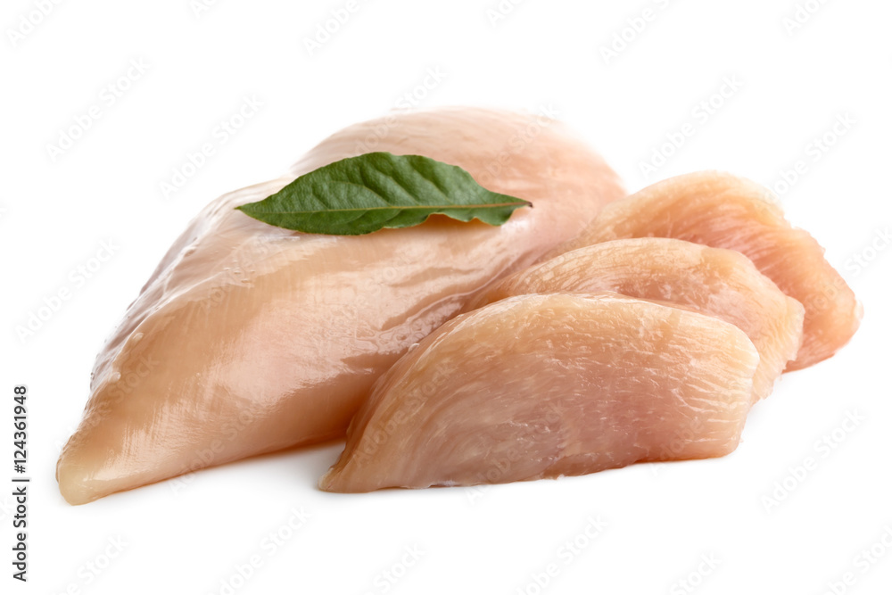 Whole skinned deboned raw chicken breast isolated on white.