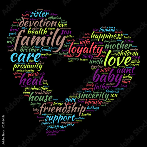 Family word cloud in shape of heart on black background, social concept.