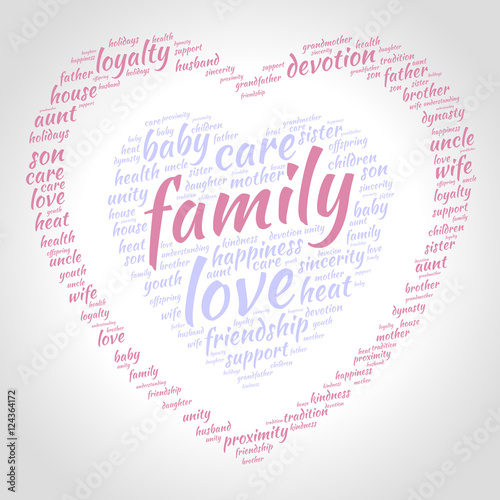 Family word cloud in shape of heart. Social concept. Gradient background.