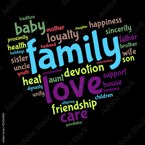 Family word cloud in shape of heart. Social concept. Vector. Black Background.