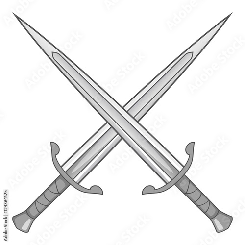 Two crossed swords icon. Gray monochrome illustration of two crossed swords vector icon for web