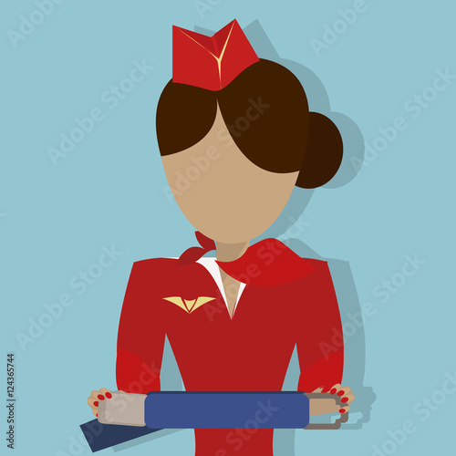 The Stewardess shows how to use the safety seat belt. Vector illustrationon on  blue background.