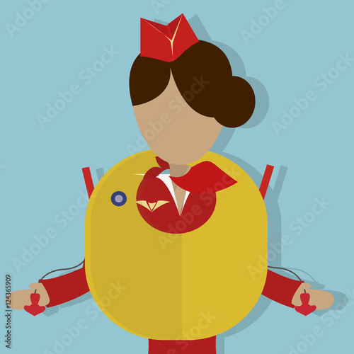 The Stewardess shows the safety demonstration: how to use the 
life vest. Vector illustrationon on  blue background