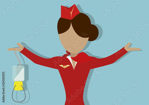 The Stewardess shows  how to use the oxygen mask in case of decompression. Vector illustrationon on blue background.Horizontal arrangement