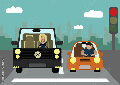 Comical situations on the road. Pretty slim girl in a jeep and a fat woman in a small car standing at a traffic light. The problem of excess weight. The problem of social inequality.